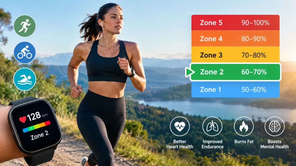 Woman doing Zone 2 training cardio workout with heart rate monitor display