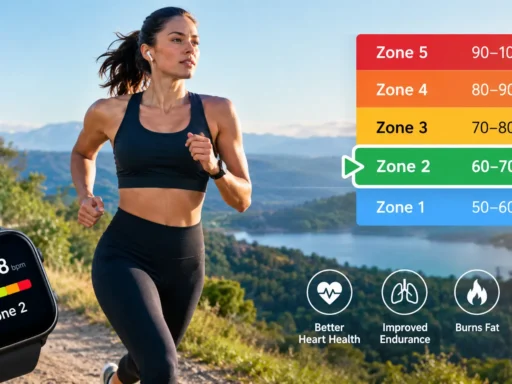 Woman doing Zone 2 training cardio workout with heart rate monitor display