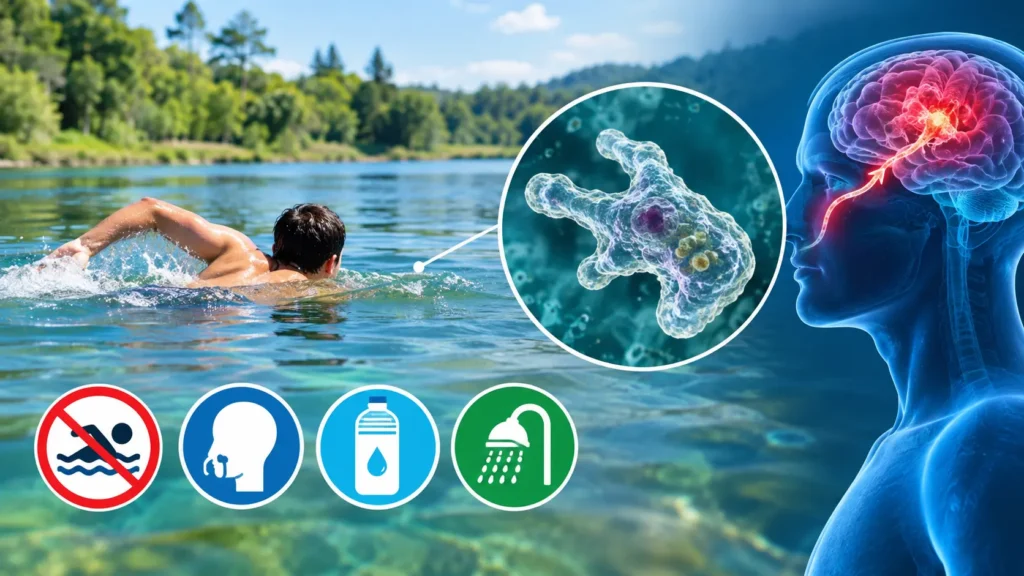 Infographic explaining is brain-eating amoeba fatal and its key symptoms