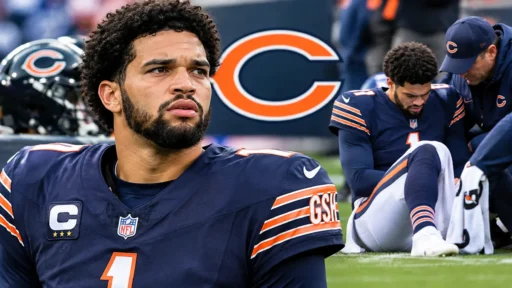 Caleb Williams sitting on the bench after hamstring injury against Vikings