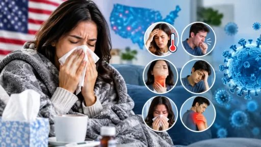 Early flu symptoms illustration showing warning signs like fever and body aches