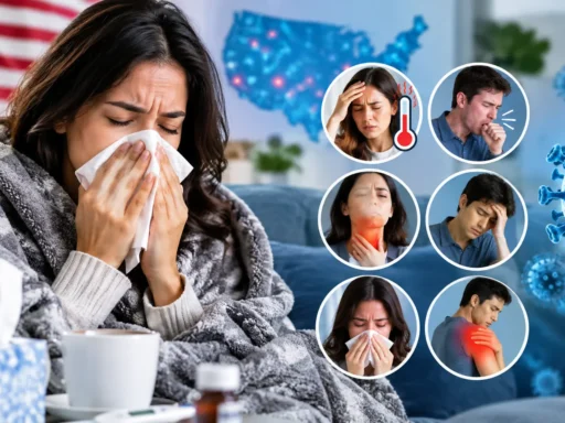 Early flu symptoms illustration showing warning signs like fever and body aches