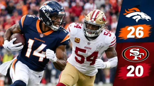 Broncos vs 49ers final score board graphic showing San Francisco defeating Denver 24-14 at Levi's Stadium