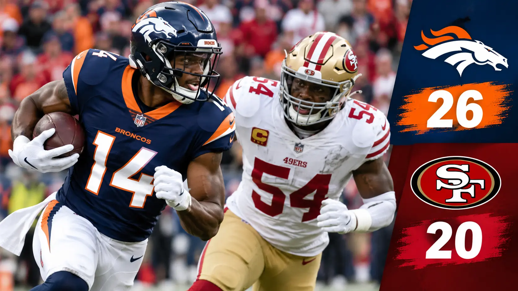 Broncos vs 49ers final score board graphic showing San Francisco defeating Denver 24-14 at Levi's Stadium