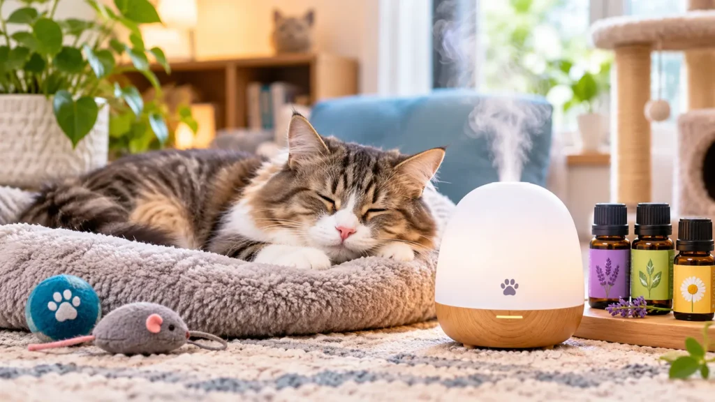Cozy cat resting near safe non-toxic calming diffusers for cats in a living room