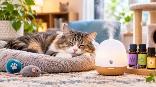 Cozy cat resting near safe non-toxic calming diffusers for cats in a living room