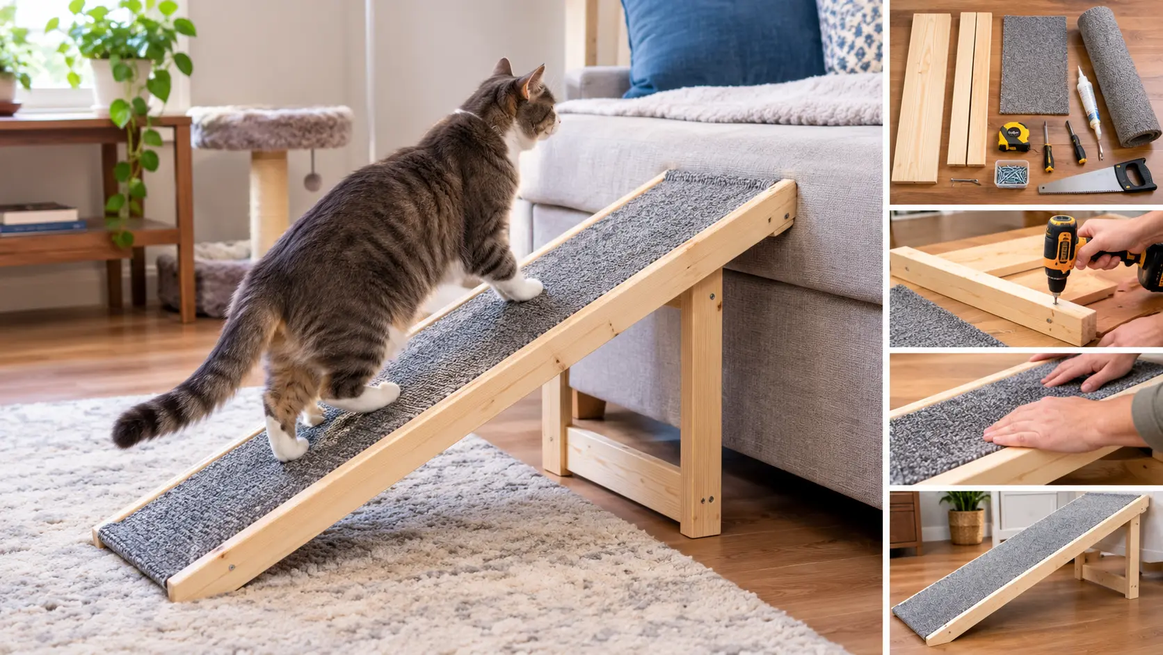 A wooden DIY Indoor Cat Ramp for Arthritic Cats resting against a bed with a non-slip carpet surface