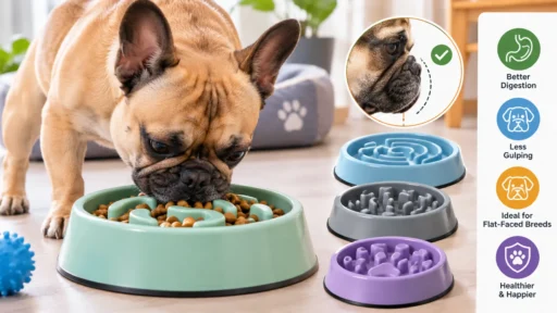 best slow feeder for flat faced dogs showing a French Bulldog eating from a shallow bowl