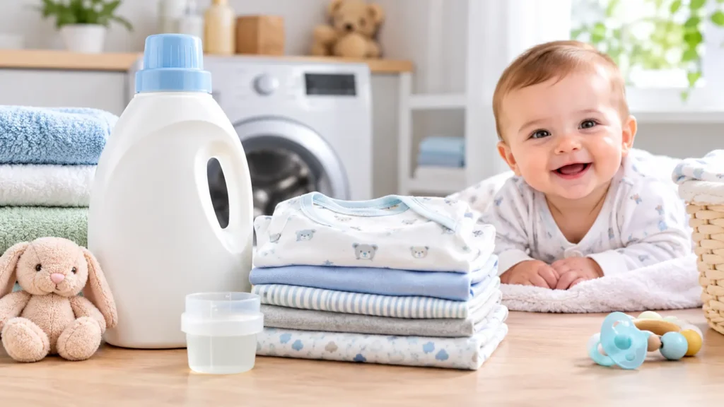 best laundry detergent for sensitive skin baby clothes bottles laid out