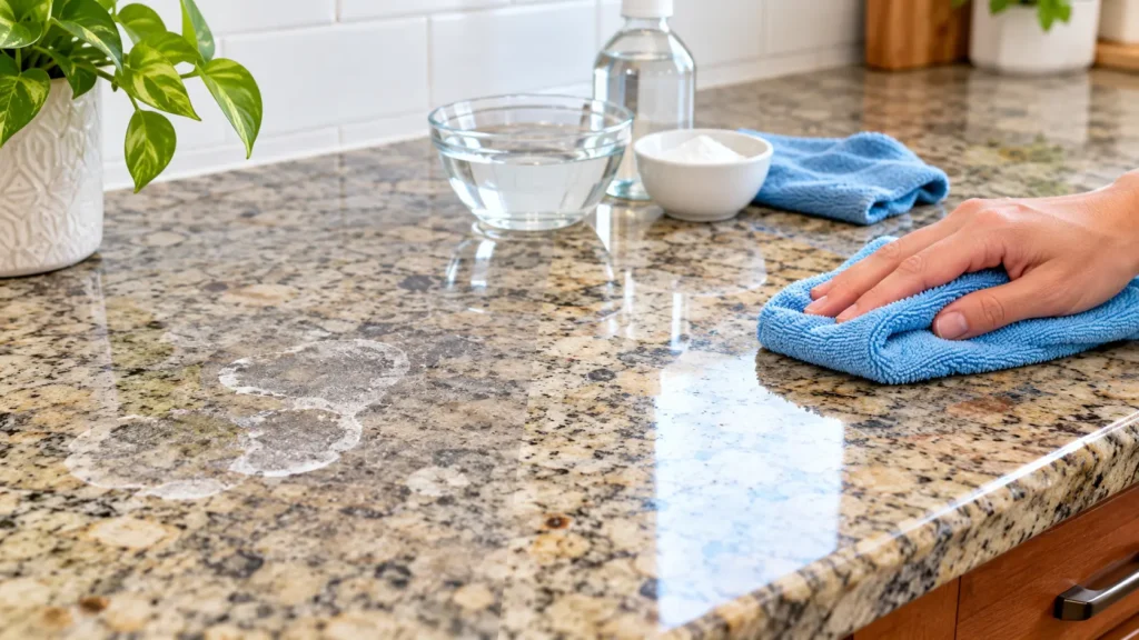 remove water stains from unsealed granite countertop demonstration showing a cleaning poultice