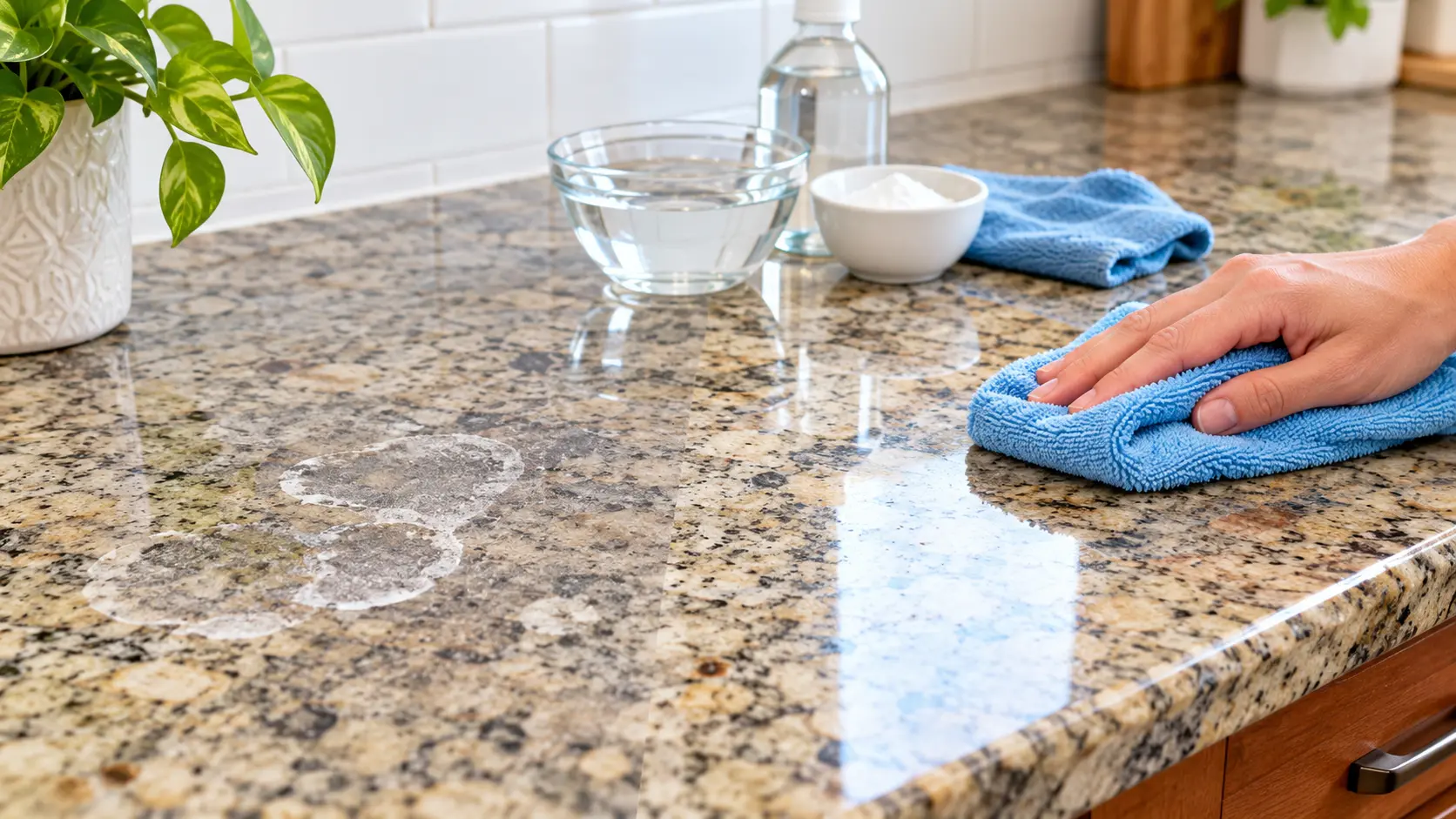 remove water stains from unsealed granite countertop demonstration showing a cleaning poultice