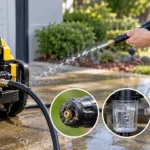 A technician troubleshooting a Pressure Washer Sputtering & Losing Pressure issue by inspecting the hose and pump connections.