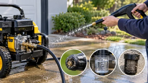 A technician troubleshooting a Pressure Washer Sputtering & Losing Pressure issue by inspecting the hose and pump connections.
