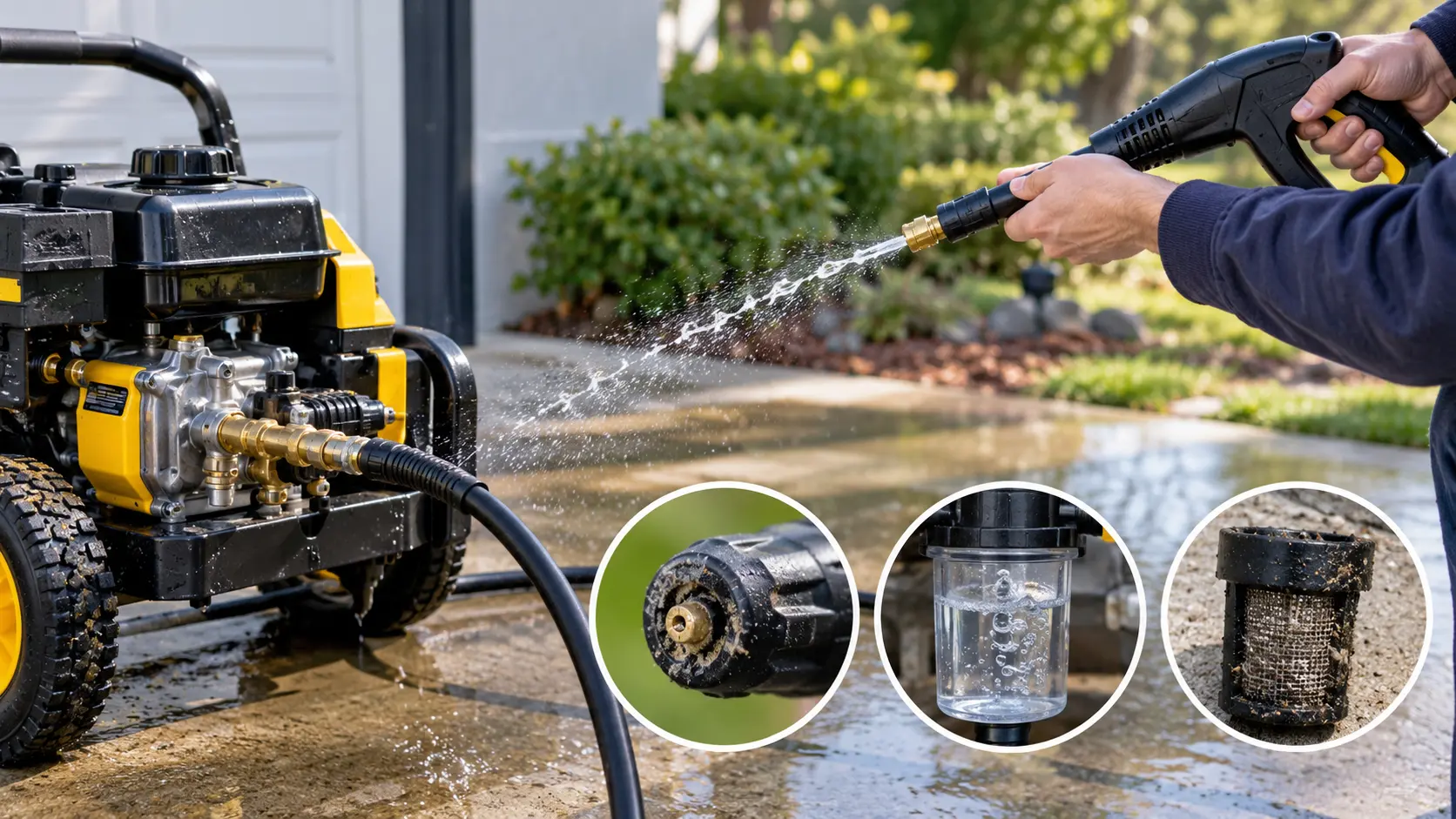 A technician troubleshooting a Pressure Washer Sputtering & Losing Pressure issue by inspecting the hose and pump connections.